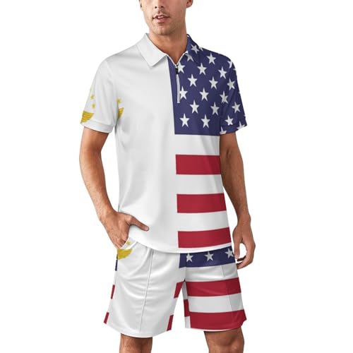 Azore U.S. Flags Men's Tracksuits Summer Polo Shirt & Shorts 2-Piece Set Half-Zip T-Shirt and Pants 2XL