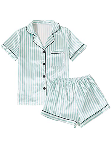 LYANER Women s Striped Silky Satin Pajamas Short Sleeve Top with Shorts Sleepwear PJ Set Light Green Small