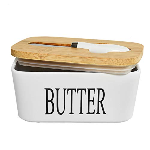 Gonioa Ceramic Butter Dish with Lid for Countertop (650 ML), Large Airtight Butter Container Covered Butter Dish, Porcelain Farmhouse Butter Container with Bamboo Lid & Butter Knife