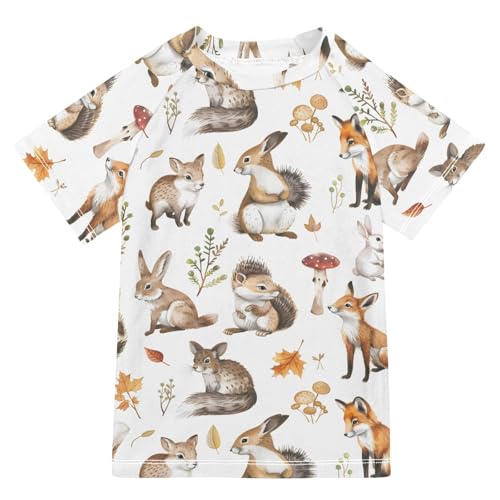 Boys Rash Guard Short Sleeve Swim Shirts for Boys Cute Forest Animals Sun Protection 7-8T