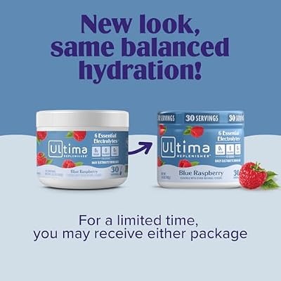 Ultima Replenisher Daily Electrolyte Powder Drink Mix Blue Raspberry, 30 Servings Canister Zero Sugar Hydration Powder with 6 Electrolytes & Minerals Sugar Free, Plant-Based & Keto Friendly
