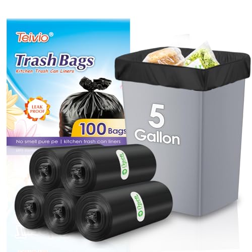Teivio 5 Gallon 100 Counts Black Trash Bags Garbage Bags, Bathroom Trash Can Bin Liners, Small Plastic Bags for Home Office Kitchen Kitchen, Black