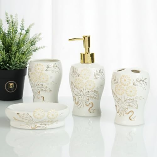 Image of Kookee Ceramic Bathroom Accessories Set of 4 | Soap Dispenser, Toothbrush Holder & Soap Dish | Modern Luxury Bath Essentials for Home - White & Gold (12247)