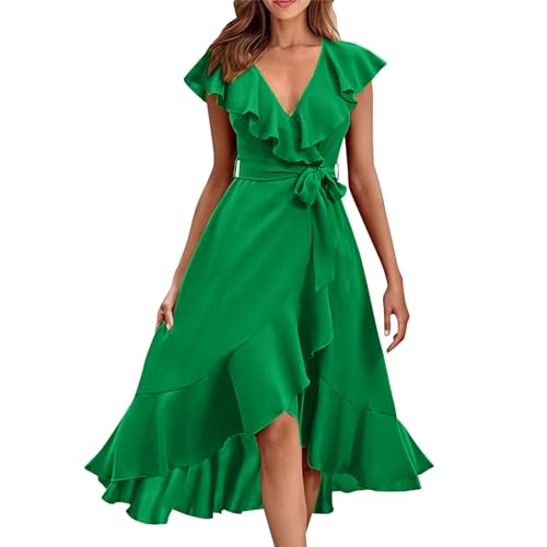 Sommerkleider Damen Midi Sale Damen Kleider Elegant Sale Kleid Lang Damen Sommer Damen-Kleid Mit V-Ausschnitt, Kurzen Ärmeln, Rüschen Und Langer Schnürung Kleid Eng Bekleidung Damen Sale Kleider