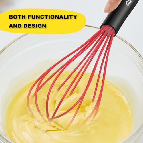 Image of NileHome Silicone Whisk 10 inch, Kitchen Whisk Kitchen Wisk Wire Whisks for Cooking, Whisking, Blending, Beating, Stirring-Red