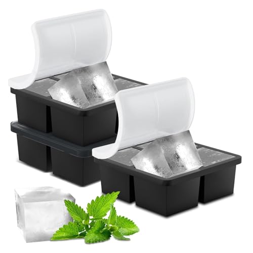 Image of Samuelworld Large Ice Cube Tray: 2025 Upgraded 4 Grid Silicone Square Ice Cube Mold For Small Refrigerator, 2 Inch Large Cubed Ice Trays for Cocktail, Big Cube Ice Maker Mold (3 Pack, Black)