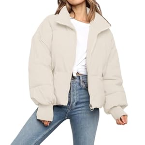 Women’s Winter Cropped Puffer Jacket Coat Casual Quilted Baggy Long Sleeve Zip Down Jackets Outerwear