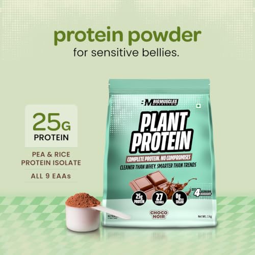 Image of Bigmuscles Nutrition Clean Plant Protein | 25g Pea & Rice Protein Isolate Per Serve (1kg, Chocolate Noir) | Complete Amino Acid Profile | Easy Digestion & Non-Chalky