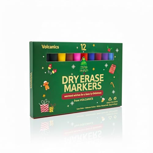 Volcanics Magnetic Dry Erase Markers Colored Set of 12 – Christmas Edition Whiteboard Markers with Erasers & Magnetic Caps, Perfect Stocking Stuffer for Teachers, Kids & Office