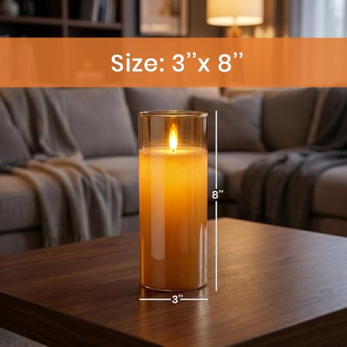 Image of LTETTES Real Wax Led Candle with Glass Cup | Flameless Flickering Wick | Amber Glass Finish | Battery Operated with Remote Controller | Decorative Candle for Home, Festival & Gifting | D-3 inch x H-8 inch