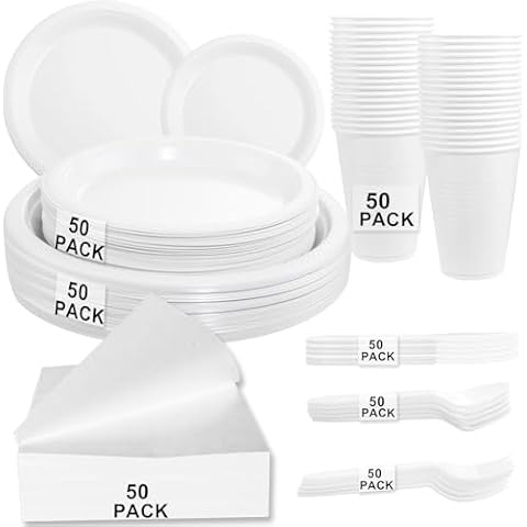 LUODA MirthMood 350PCS White Disposable Plates, Round Solid Color Disposable Plates for Party, including 50 Dinner Plates,50 Dessert Plates,50 White Silverware,50 Napkins and 50 16OZ Cups Cover
