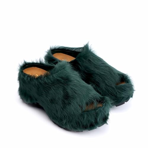 Image of XOBZJH Long-Hair Calfskin Chunky Clog Slide for Women - Memory Foam Luxury Slip on Shoes Women's Mules & Platform Clogs,Designer Mules for Women 2025