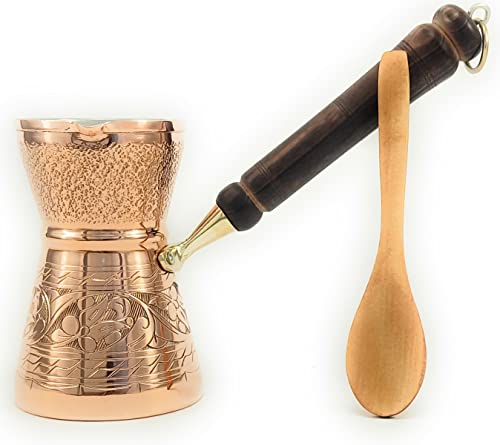YDB Copper-2022 GCP-Series (Large-16.9 floz) Greek Turkish Arabic Coffee Pot with Wood Handle, Stovetop Coffee Maker Cezve, Jezve, Jazva, Ibrik,Briki Thickest Solid Copper Engraved - Hammered (Copper)