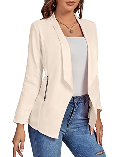 Lyaner Women's Casual Lapel Open Front Long Sleeve Jacket Blazer With Zipper Pockets Beige Medium #TOP2