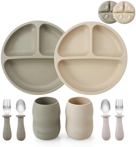 PandaEar Silicone Baby Feeding Set| 2 Pack Silicone Divided Suction Plate and 2 Pack Tiny Cup with 2 Spoons 2 Forks| Baby Led Weaning Supplies Self Feeding Eating Utensils (Light Tan/Walnut) 7
