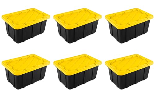 Image of Sterilite 17 Gal Industrial Tote, Rugged Plastic Storage Bin w / Lid, 6 Pack