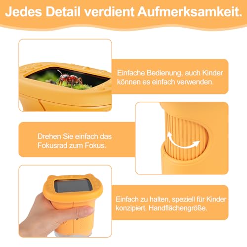 1000x Mikroskop für Kinder Handheld Digitales, Kinder Mikroskop mit 2,0'' IPS Bildschirm, Tragbares Mini Mikroskop für Outdoor Entdeckung, STEM Lernspielzeug, Geschenk für Jungen und Mädchen 4–12