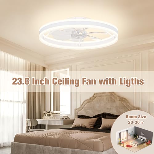 Image of VOLISUN Low Profile Ceiling Fans with Lights and Remote, 23.6in Flush Mount Ceiling Fans with Light, 3000K-6500K Dimmable Fandelier LED Fan Light, White Bladeless Ceiling Fans with Lights for Bedroom