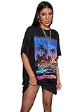 SOLY HUX Women's Casual Graphic Print Short Sleeve Loose T Shirt Dress Black L