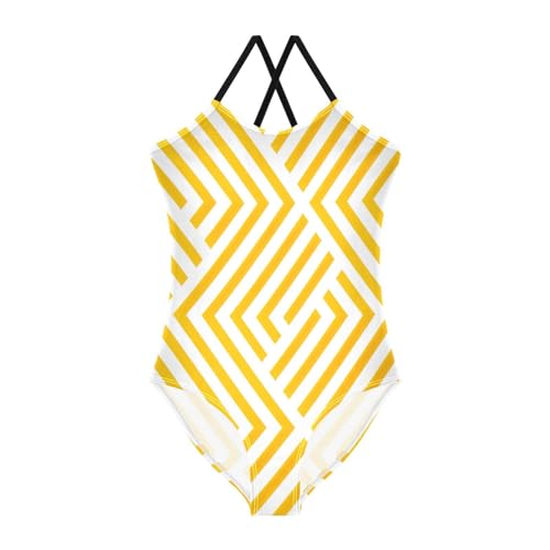 Abstract Yellow Geometric Pattern Lines Rhombuses Girls Swimsuits 1 Piecing Toddler Swim Suits for