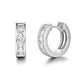 Carleen White Gold Plated Sterling Silver Hoop Earrings Channel Setting Princess Cut AAA Cubic Zirconia CZ Small Thick Huggie Hoop Earrings for Women Outer Diameter 15mm, Thickness 4mm