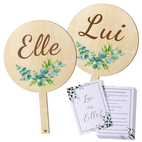 Nangua Jeu de mariage， 2 pancartes Elle et Lui en Bois et 8 cartes (80 questions différentes)，jeu elle et lui pour mariage，mariage...