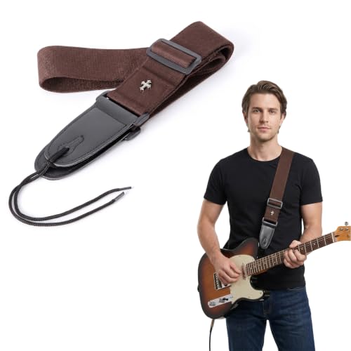 DTDULL Sangle Guitare Acoustique et Electrique en Coton Reglable, Sangle avec Extremites en Cuir, Compatible Guitare Classique Folk et Electrique, Marron, Durable pour Concert et Pratique