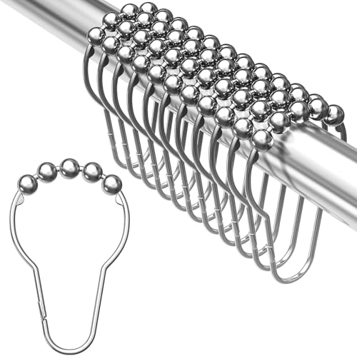 Sonicefit Set of 12 Shower Curtain Hooks, Rust Proof Stainless Steel Shower Curtain Rings for Bathroom Shower Rods Hangers, Nickel Shower Curtain Roller Ball Hooks,Easy Installation (Silver, 12pcs)