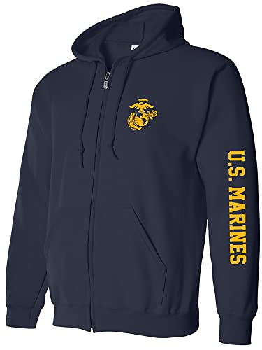 zerogravitee U.S. Marines Gold Sleeve Print Full-Zip Hooded Sweatshirt in Navy - X-Large