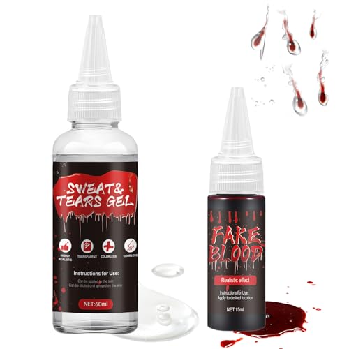 Make-Up Sweat and Tears+Sangre Falsa de Halloween, Sangre Artificial lavable, No Irritante, Realista SFX Makeup Natural para Halloween, Escenario y Teatro, 30ml+15ml