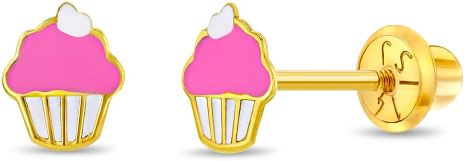 14k Yellow Gold Pink & White Enamel Cupcake Screw Backs for Young Girls & Preteens - Small Pastry Studs for Children, Lovely Little Desert Earrings for Kids, Food Stud