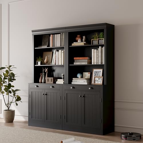 GarveeHome 5-Tier Bookshelf, 70 Inch Tall Bookcase with 2 Doors and 1 Drawer, Modern Pantry Sideboard with Adjustable Shelf, Wooden Storage Cabinet for Living Room, Study, Home Office, Black