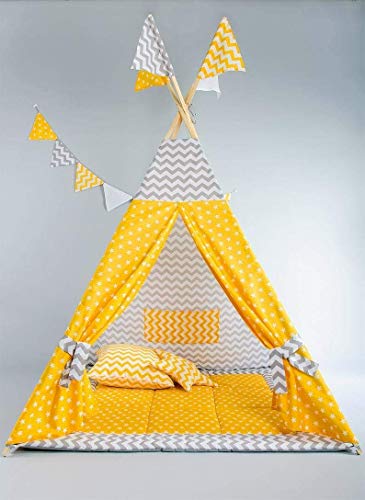Nyra Decor Portable theme Teepee Tents With Padded Mat And Cushions Kit With Bag- Grey, Yellow for kids 2-14 years