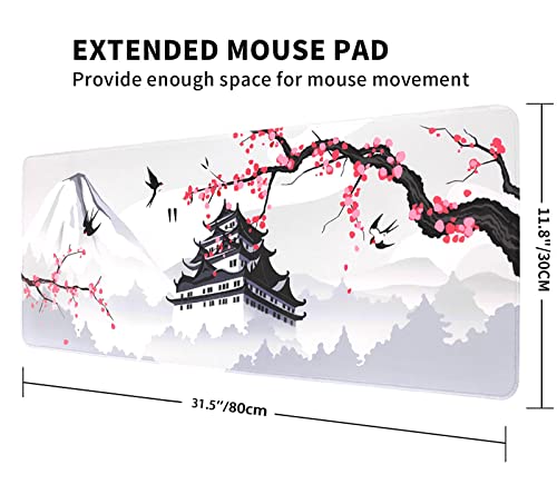 Japanese Cherry Blossom White Gaming Mouse Pad, Xxl Large Gaming Laptop Anime Mouse Pad, Sakura Big Desk Pads, Extended Pc Keyboard Waterproof And Non-Slip 31.5X11.8Inches Mices Pad,Japan #TOP2