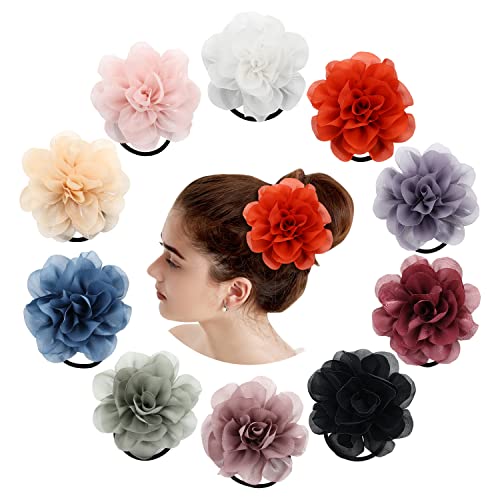 Cinaci 10 Pack Solid Handmade 4" Big Chiffon Flower Stretchy Rubber Elastics Hair Ties Ropes Hair Bands Headbands Rings Scrunchies Ponytail Holders Hair Accessories For Women Girls #TOP14
