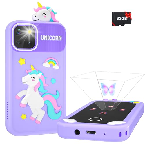 Kids Smart Phone for Girls with Holographic Pyramid, Christmas Birthday Gifts for Age 3-10 Kids Toys Cell Phone, 2.8" Touchscreen Toddler Learning Play Toy, Dual Camera, Music Player, 32G Card(Purple)