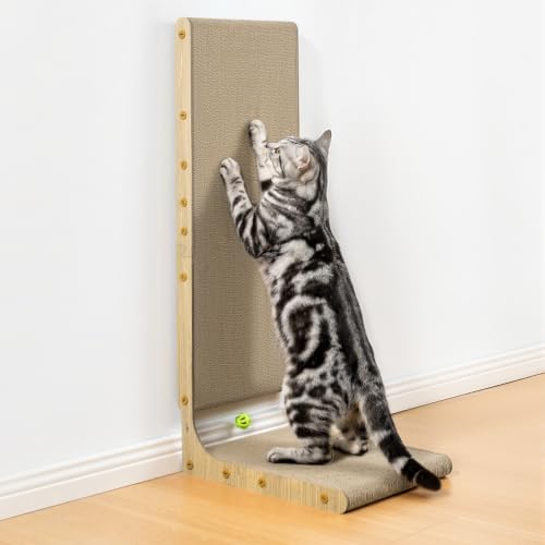 Conlun Rascador para Gatos, 75 cm Forma en L Montable en Pared, Panel de Rascado Vertical, Cartón Duradero para Proteger Muebles de Gatos de Interior, Grande,Efecto Madera
