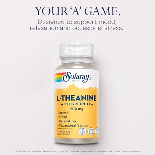 Image of SOLARAY L-Theanine 200mg with Green Tea - Healthy Mood, Relaxation and Occasional Stress Support - Lab Verified, Vegan, Gluten Free - 45 Servings, 45 VegCaps