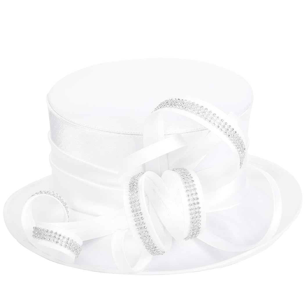 Ruphedy Women Derby Church Hat Elegant Tea Party Dress Wedding Hat with Rhinestones (SD718-White)