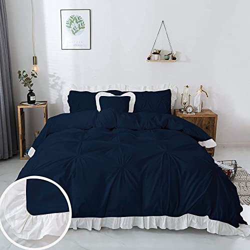 Image of 300 TC Pinch Ruffle 2 Tone Duvet /Razai /Blanket Cover with 2 Pillow Cover- 100% Cotton (Zipper Closure) Razai Cover 3 PC Set, Soft & Lightweight-Queen Size White /Navy Blue