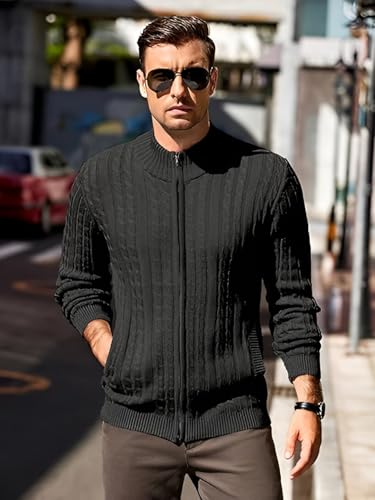 Image of TYSORT Men's Cotton Full Sleeve High Neck Full Zipper Sweater for Men, Cable Knitted Cardigan for Men