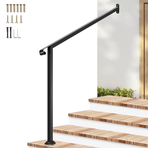 Image of VIVOSUN 4-Step Stair Handrail 48 inchx39 inch Wrought Iron with 1 Curved End Black | Sturdy wrought iron railing with 1 curved end for elderly & family; rustproof black; full hardware; for porch, deck, concrete
