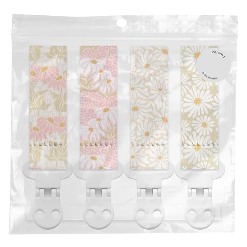 Image of Stadela Baby Fabric Pacifier Clip Holder, Plastic Clip, 4‑Pack, Flowers Pattern, Poloma Set