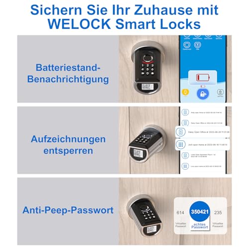 WELOCK ToucA51 Fingerabdruck Passwort Türschloss, Elektronisches Fingerabdruck Pin Code Schloss mit App, Passwort, RFID-Karte und WIFI(WIFIBOX Erforderlich), Geeignet für Türen von 30-70 mm