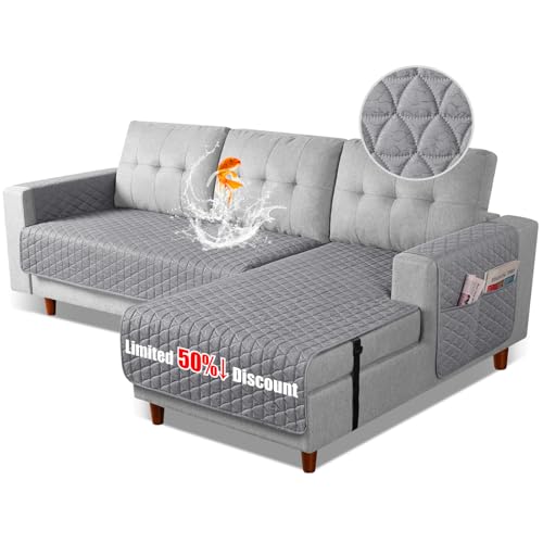 Image of TAOCOCO Sectional Couch Covers 100% Waterproof L Shaped Sofa Covers for Right Hand Facing Chaise Lounge, 2 Pieces Couch Cover L Shape Furniture Protector Slipcover for Pets Kids, Small /Light Gray