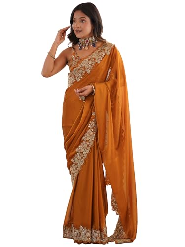Image of AKHILAM Women's Satin Embroidered Sequins Work Saree With Unstitched Blouse Piece (AARYAN22901 KR Parent)