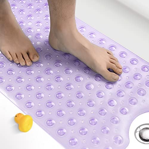 HITSLAM Non Slip Bath Mat for Tub, 100 x 40cm Extra Long Shower Mat Anti Mould, Machine Washable Bathroom Bathtub Mat with Suction Cups and Drain Holes, Soft on Feet, White