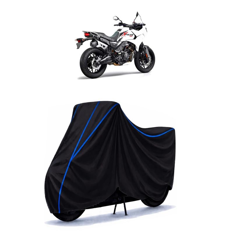 Image of Hero XPulse 400 STD Bike Cover Water Resistant Universal Motorcycle Rain | Heavy Duty UV Protection, Dust, Scratch Indoor Outdoor All Weather with Black Blue Piping Elastic
