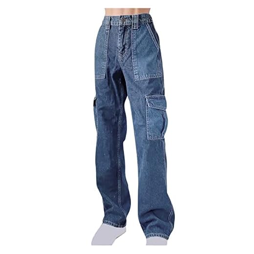 Kvinnors Overaller Jeans High-Rise Byxor Tvättade Mörk Multi-Pocket Jeans Long Denim Byxor Casual Wide Ben Byxor (Color : BU, Size : S)