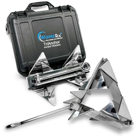 WavesRx 5lb TriAnchor - Stainless Steel Folding Anchor for PWC, Jet Ski & Skiff Boat Anchoring I Ingenious Patent Pending Design Sets Faster & Holds Better Than Grapnel, Fluke, Mushroom or Cube Anchor Cover